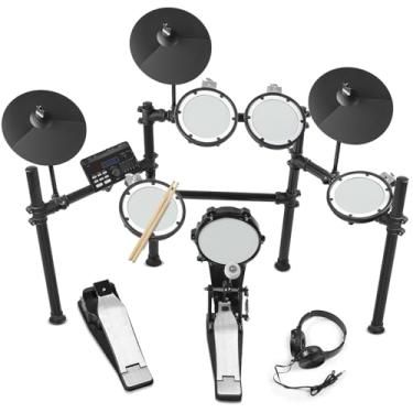 Imagem de Kit de Bateria Eletrônica com Compatibilidade de Pedal Duplo, Conjunto de Bateria Elétrica com Auscultadores e Bastões, Kit de Estreia de Bateria, Bateria Instrumento com 5 Pads de Bateria e 3 Pratos