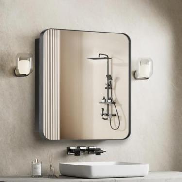 Imagem de FOMAYKO Armário de remédios para banheiro com porta espelhada emoldurada de aço inoxidável – Prateleiras de vidro de remoção, armário de armazenamento de banheiro montado na parede (preto, espelho