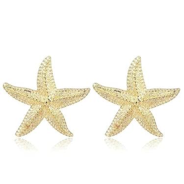 Imagem de Brinco Estrela do Mar Dourado Texturizado Grande Ariel- Brincos Femininos Delicado Tarraxa Pino Sereia Estrela Maxi Boho Chic- Presente Praiano Praia Mar Verão Festa Piscina Namorada Esposa Amiga