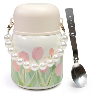 Imagem de Frasco de comida isolado de 500 ml com colher dobrável, garrafa térmica de sopa para adultos e crianças, recipiente de almoço de aço inoxidável com alça de pérola, retenção quente e fria 24H, boca