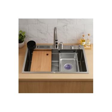 Imagem de Cuba Multifuncional Aço Escovado Inox Pia De Cozinha Gourmet Com Acessórios Pia Completa 75x46cm - CLICK FACIL