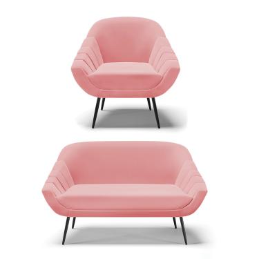 Imagem de Kit 01 Namoradeira 02 Lugares e 01 Poltrona Giovana Suede Rosê Pés Palito de Ferro - D'Rossi