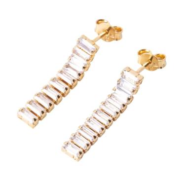 Imagem de Brinco Dourado com Zircônia Baguete Cristal Semijoia Folheada a Ouro 18k