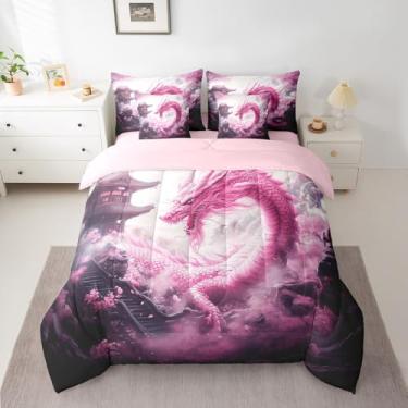 Imagem de Homewish Conjunto de edredom solteiro com dragão rosa, 7 peças, estilo japonês, para crianças, meninos e meninas, flor de cerejeira (1 edredom, 1 lençol com elástico, 1 lençol de cima, 2 fronhas, 2