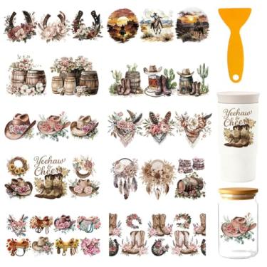 Imagem de GOMAKERER 10 folhas caubói ocidental Uv Dtf Cup Wraps, botas de caubói floral, tema de chapéu, decalques impermeáveis para esfregar em copos de vidro, decoração de móveis