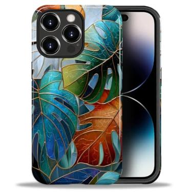 Imagem de Flivro Capa para iPhone 14 Pro Max, capa rígida de policarbonato e amortecedor interno de silicone, antiarranhões, design fino à prova de choque - Mosaico de plantas de folhas coloridas