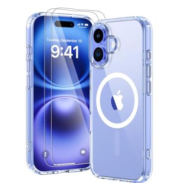 Imagem de Yunjews Capa para iPhone 16, capa protetora magnética fina e transparente (compatível com MagSafe), proteção antiamarelamento à prova de choque de grau militar, com 2 protetores de tela, transparente
