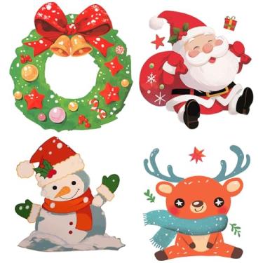 Imagem de 4 peças de adesivos de janela de Natal de plástico PVC vermelho verde inverno feriado natal veado sino boneco de neve Papai Noel decalques de janela redondos não adesivos para janelas porta casa