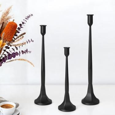 Imagem de Conjunto de 3 castiçais cônicos, castiçais de ferro fundido altos para casamento, mesa de jantar, decoração de Halloween e outono, decoração de casa (preto, 30,5 cm 35,5 cm 39,4 cm)