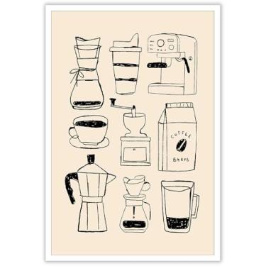 Imagem de Coffee Tools Pôsteres Um Conjunto de Lineart Preto e Branco Equipamento de Café Fundo Bege Tela Arte de Parede Impressão Entusiasta de Café Pintura para Café Casa Quarto Dormitório Decoração de Parede