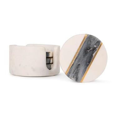 Imagem de Dreamy Walls Conjunto de 4 porta-copos de mármore – Porta-copos de pedra natural preto e branco com incrustação de latão e suporte de mármore – antiderrapante, decoração de mesa elegante para bebidas