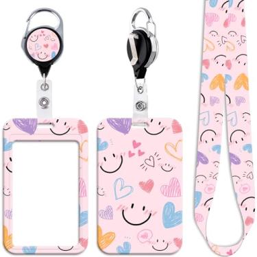 Imagem de Cordão rosa para crachá de identificação para chaves de crachá de identificação, coração, retrátil, resistente, clipe de carretel de crachá fofo para mulheres, crianças, meninas, enfermeiras