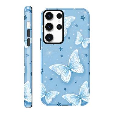 Imagem de FBHGLOA Capa para Galaxy S24 Ultra 5G 6,8 polegadas Blue Butterflies Star Phone Case, Estética Cool Brilhante Glitter Céu Estrelado Padrão Prevenção de Queda Capa Rígida Híbrida Brilhante 2 Camadas