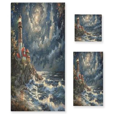 Imagem de Blueangle Conjunto de toalhas de pintura a óleo Lighthouse - 3 peças de toalhas de banheiro macias absorventes para spa e decoração de casa (inclui banho, toalha de mão e toalha) #90