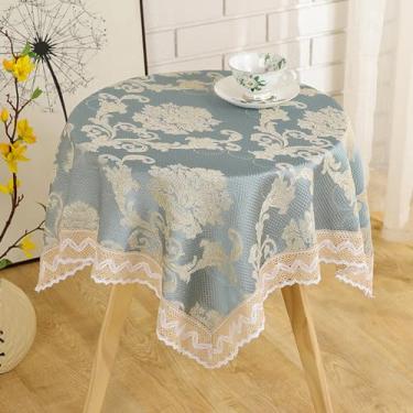 Imagem de Toalha de mesa quadrada pequena bordada de renda floral vintage estilo francês toalha de mesa com macramê chique capa de mesa para casamento, aniversário, cozinha, decoração de casa, azul, 99 x 99 cm