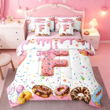 Imagem de Erosebridal Jogo de cama infantil Coquette com laço rosa e branco, letra F, monograma, 7 peças, nó de princesa e borboleta