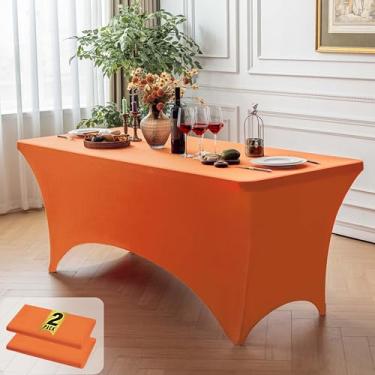 Imagem de FOLINS&HOME Pacote com 2 toalhas de mesa retangulares laranja de 1,2 m com elástico, capa de mesa lavável de elastano resistente à água para mesas de 1,2 m, toalha de mesa elástica para casamentos