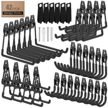 Imagem de ITCPRIM Pacote com 42 ganchos de garagem com revestimento antiderrapante ganchos de montagem de parede resistentes para armazenamento de garagem e mangueiras suspensas, ferramentas de jardim, cordas
