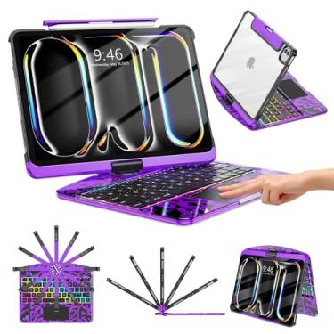 Imagem de TSQQST Capa transparente com teclado sem fio para iPad Pro de 11 polegadas (M4) 2024 com suporte para lápis e trackpad multitoque, PCB visível, brilho de 3 e luz de fundo de 7 cores, rotação 360, roxo