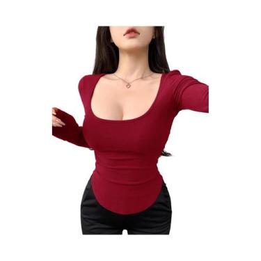 Imagem de Camiseta Feminina De Manga Longa Cropped Com Decote Quadrado Ajustada 