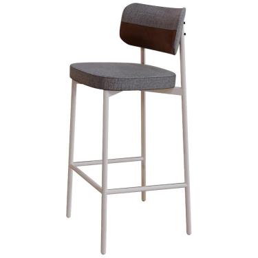 Imagem de Banqueta Alta Bar Cozinha Sala De Jantar Aço Branco Kaira C01 Linho Cinza Courino Whisky - Lyam Decor