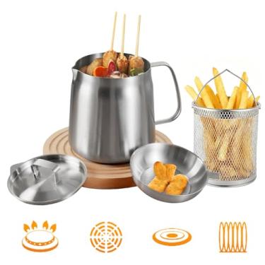 Imagem de Panela de fritadeira PUCOHOUSE 304 de aço inoxidável com cesta de filtro de óleo e tampa, frigideira tempura de 2,0 L para batatas fritas, frango, uso em cozinha doméstica, fogão a gás e indução