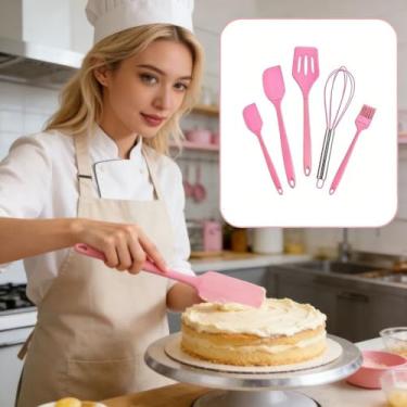 Imagem de Conjunto de 5 espátulas de silicone rosa para cozinha, conjunto de ferramentas de cozimento de grau alimentício com raspador resistente ao calor, espátula, escova de batedor