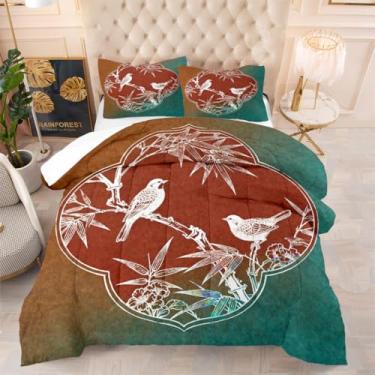 Imagem de CCoutueChen Conjunto de edredom Queen vintage com 3 peças, folhas de bambu, pássaros, azul-petróleo, microfibra macia, alternativo, edredom com 2 fronhas