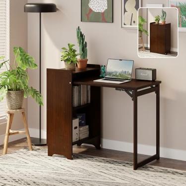 Imagem de HDDFER Mesa dobrável, mesa dobrável de meados do século para espaços pequenos, escritório em casa e quarto de nogueira