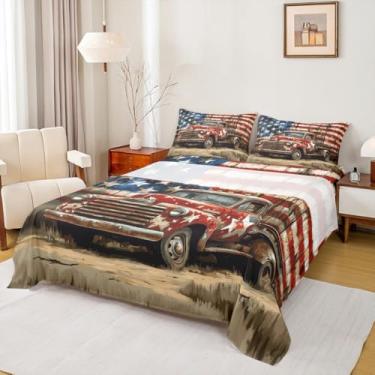 Imagem de Manfei Jogo de lençol retrô, estilo antigo, bandeira americana, carro de fazenda, decoração de quarto de adolescentes, vermelho, azul e marrom, poliéster macio (lençol de cima e elástico King com 2