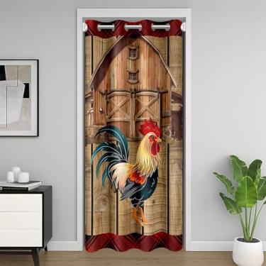 Imagem de Cortina de porta rústica para casa de fazenda, privacidade, cortina blecaute de galinha colorida com animais de fazenda, celeiro de madeira, vermelho, preto, xadrez, janela, 1 painel, 1 painel, 132 cm