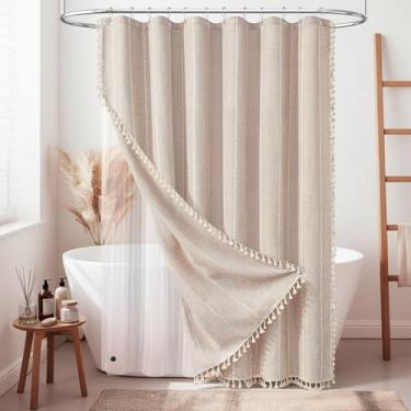 Imagem de BTTN Cortina de chuveiro 3 em 1 com forro, conjunto de cortina de chuveiro 96 extra longa boho de linho listrado com gancho, cortina de chuveiro de tecido impermeável boêmio para banheiro, tan