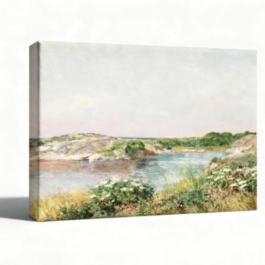 Imagem de Arte de parede em tela de paisagem costeira, costa rochosa e grama selvagem, arte à beira-mar do lago da praia para sala de estar quarto escritório, decoração de parede moderna de casa de fazenda