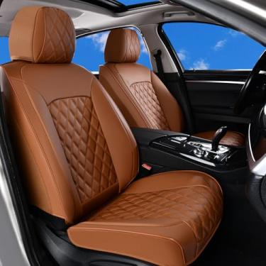 Imagem de Huidasource Capas de assento dianteiras marrons, capas de assento de carro dianteiras de couro napa, tecido elástico lateral, compatível com airbags, cintos de segurança, ajuste universal para a