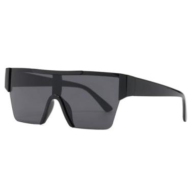 Imagem de Óculos de sol unissex com armação grande e hastes largas, ideais para esportes ao ar livre como corrida e ciclismo, nas cores preto e cinza.