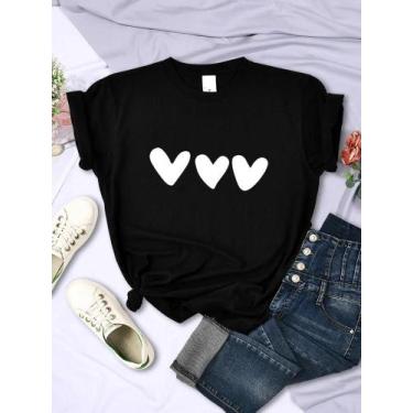 Imagem de Camisetas Femininas Pretas Com Estampa De Coração Manga Curta Casual R