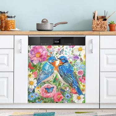 Imagem de SEHANY Aquarela Bluebirds capa magnética para lava-louças, adesivos magnéticos decorativos antiarranhões para painel de geladeira e lava-louças, decoração de flores de fazenda de cozinha doméstica 58