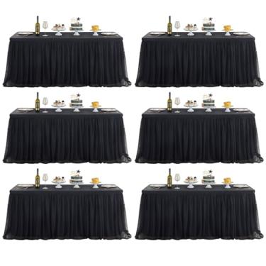 Imagem de familus Toalhas de mesa pretas retangulares de 2,3 m, pacote com 6, toalha de mesa de tule elástica com babados, elastano para saias de mesa de tule de 2,3 m para festas, casamentos, banquetes