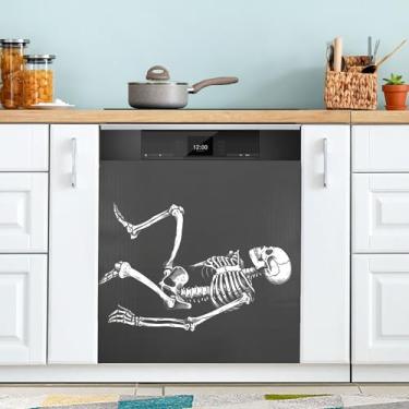 Imagem de xigua Capa magnética engraçada de esqueleto preto para lava-louças, adesivos magnéticos decorativos antiarranhões para painel de geladeira e lava-louças, decoração personalizada de cozinha doméstica