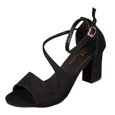 Imagem de Sandálias femininas modernas, casuais, versáteis, com tiras envolventes, férias, verão, atraente, boca de peixe romano, bico aberto, salto alto, sandálias femininas material flocado, Preto, 35