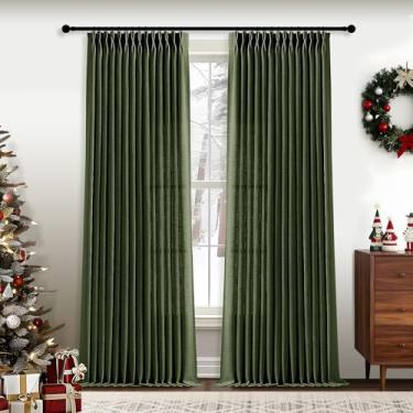 Imagem de Cortinas verde-oliva de 224 cm, cortina plissada de linho para sala de estar, cortinas plissadas com filtragem de luz, cortina semitransparente de teto grosso texturizada, com ganchos para porta de