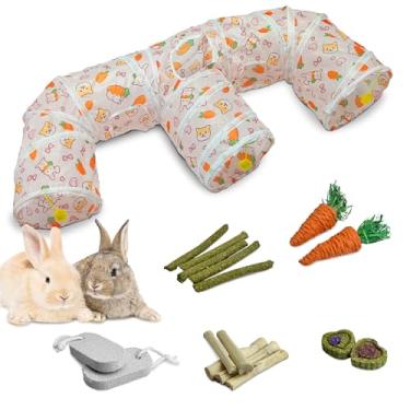 Imagem de PINVNBY Túnel grande de coelho, túneis dobráveis de coelho para coelhos internos em forma de E, esconderijo de porquinho-da-índia com 5 tipos de brinquedos de mastigar para gatinhos furões, animais