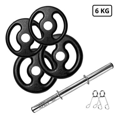 Imagem de Kit 6Kg em Anilhas de Ferro e 1 Barra de Tubo 40cm com Presilhas-Unissex
