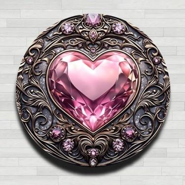 Imagem de Placa de parede redonda de metal de alumínio rústico vintage com coração rosa, 20 cm, presentes e decoração para casa, escritório, café e quintal