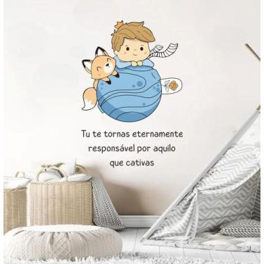 Imagem de adesivo de parede pequeno príncipe na lua raposa e frase decoração qua