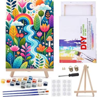 Imagem de MaiMMaledy Kit Paint by Numbers 20 x 30 cm para adultos iniciantes imagens em tela com pintura de desenho emoldurado pigmento acrílico com cavalete triangular de madeira arbustos de flores