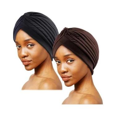 Imagem de Touca Turbante Elástica Preta Azul Escuro Com Nó E Efeito Amassado, 2 