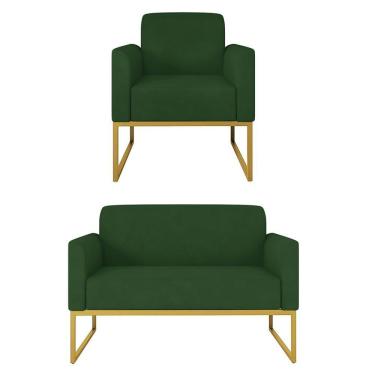 Imagem de Kit Namoradeira E 1 Poltrona Decorativa Base Industrial Dourada Maressa S23 Suede Verde - Ibiza