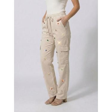 Imagem de Calça Pantalona Cargo Feminina em Sarja Creme com Detalhes de Strass P