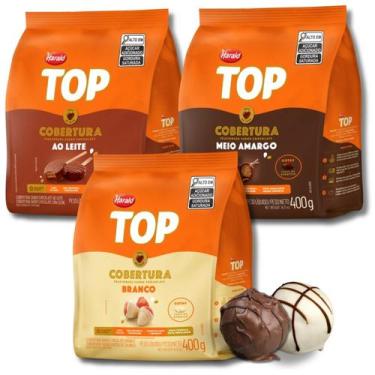 Imagem de Kit 3 chocolates gotas meio amargo + ao leite + branco harald 400g cad